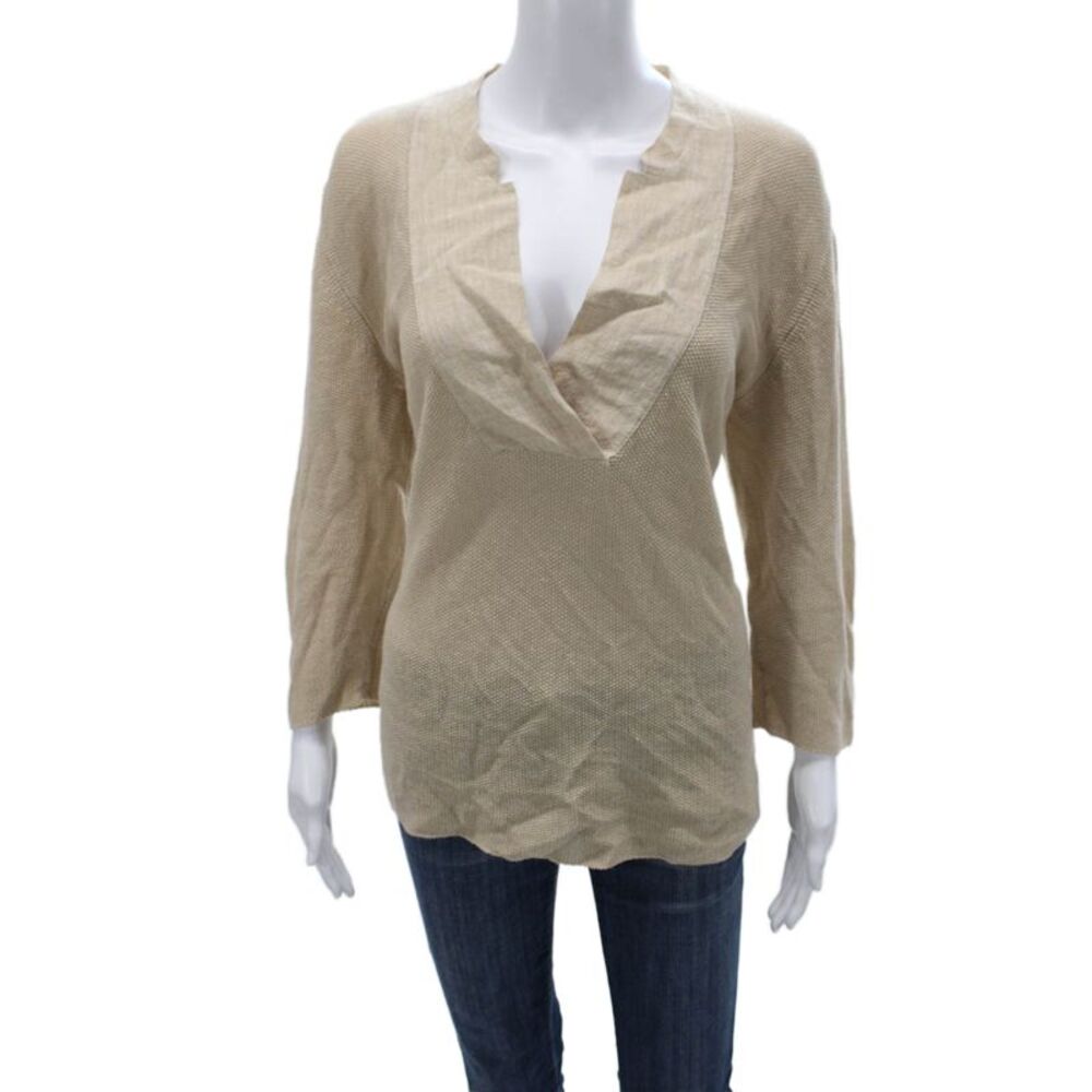 Amina Rubinacci Women Linen V-Neck Pullover 3/4 Sleeve Beige Size 48